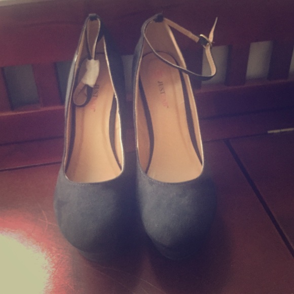 All black suede close ties wedges