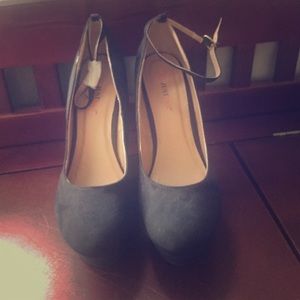 All black suede close ties wedges