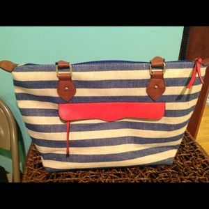 Canvas weave beach bag blue/white/coral