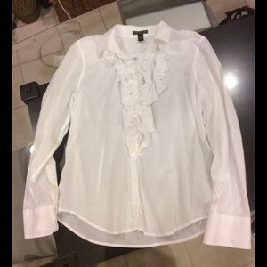 Beautiful white ruffle button down, Ralph Lauren