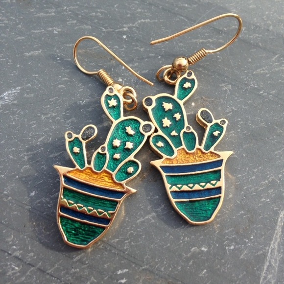 Gold enamel cactus dangle earrings