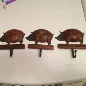 Wooden metal pig hooks - set of three