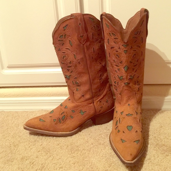 Brown and teal cowboy boots.