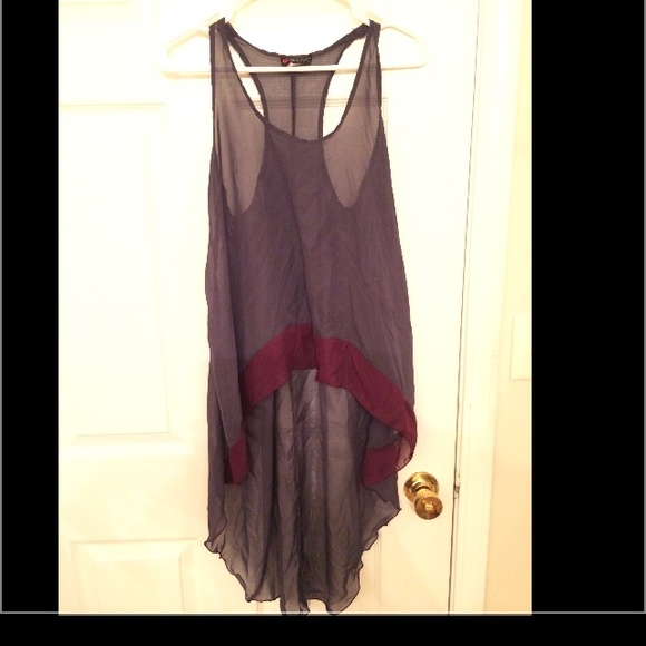 Grey and purple sheer high low shirt
