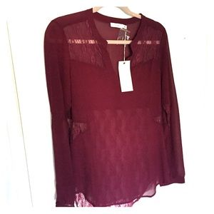 NWT- LUSH Burgundy Shirt with Lace, Nasty Gal