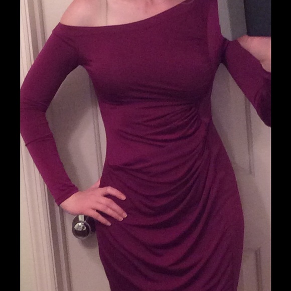 Plum colored, half off the shoulder cocktail dress