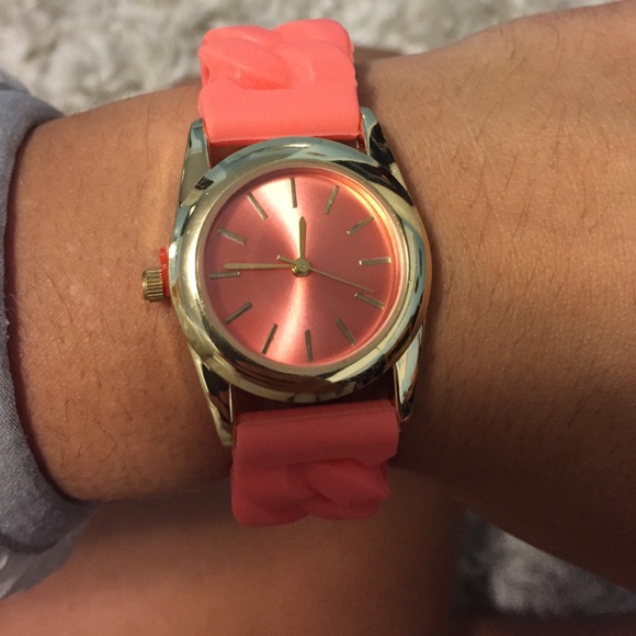 Accessories - coral watch with rubber watch band & gold details