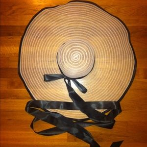 Hat, floppy sun hat, white with black ribbon.
