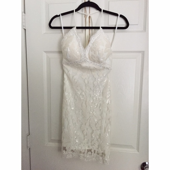 White Lace Sequin Open Back Dress