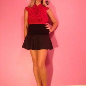 classy red tank top and short black skirt