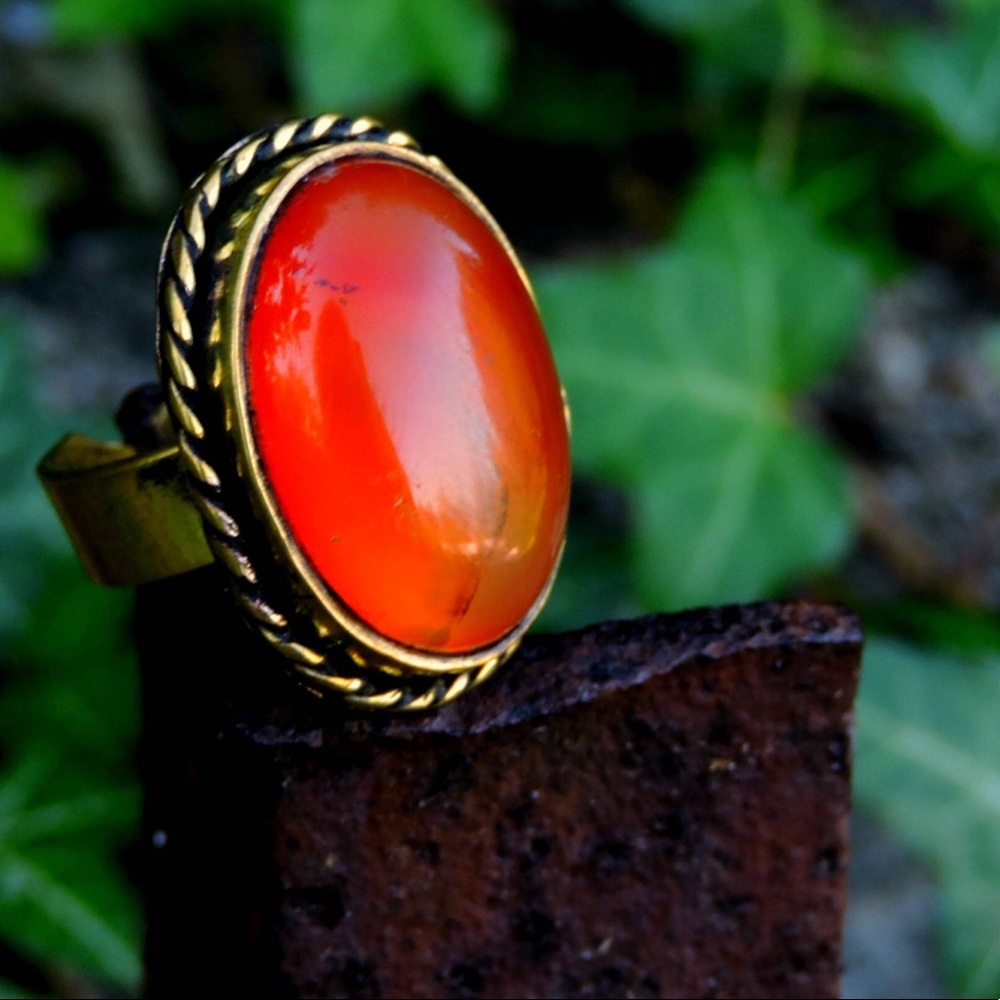 Natural Gemstone Carnelian Brass Ring Adjustable