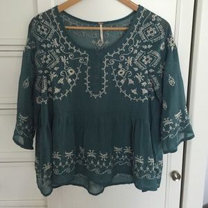 Free People Teal Embroidered Top