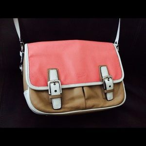 Coach crossbody bag, salmon pink with tan &white