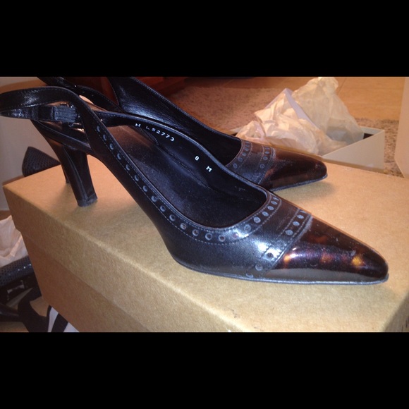 Stuart Weitzman tortoise tipped black sling backs