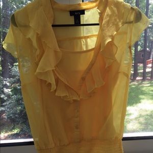 Yellow sheer blouse with cami built in underneath.