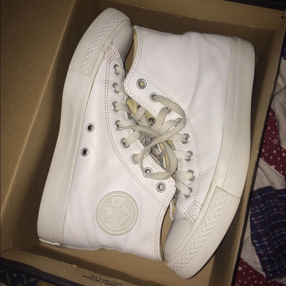 Converse Shoes - White leather high tops.