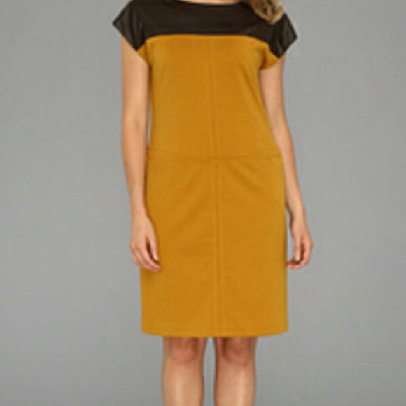 Anne Klein Ocre Knit dress with faux brown leather