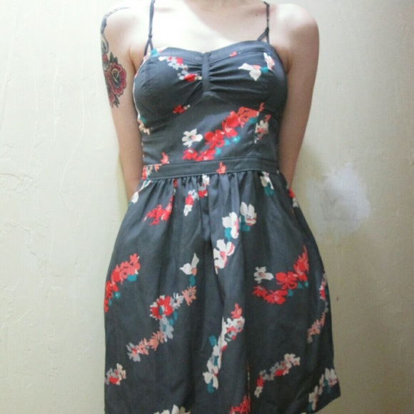 American Eagle Grey Satin Floral Cross Back Dress