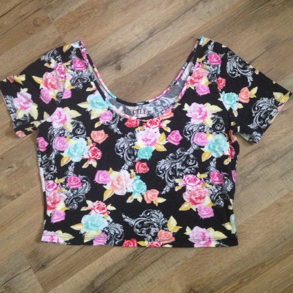 Black Crop Top with Floral and Baroque Print