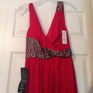 BEBEBLACK STUDDED DOUBLE-V GOWN IN COLOR CRS (RED)