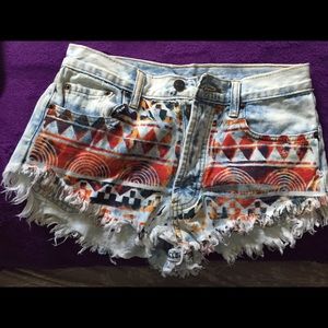 Distressed Tribal print Jean high waisted shorts