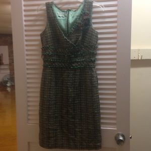Kay Unger green tweed plaid v sleeveless dress