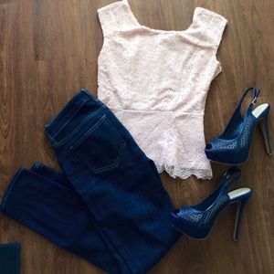 Scalloped lace peplum top in pink