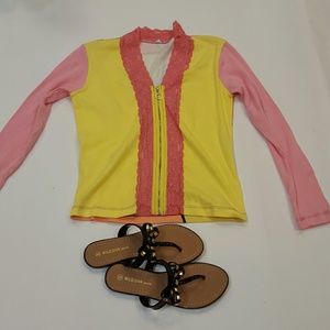 Zip up graphic sweater with lace accents