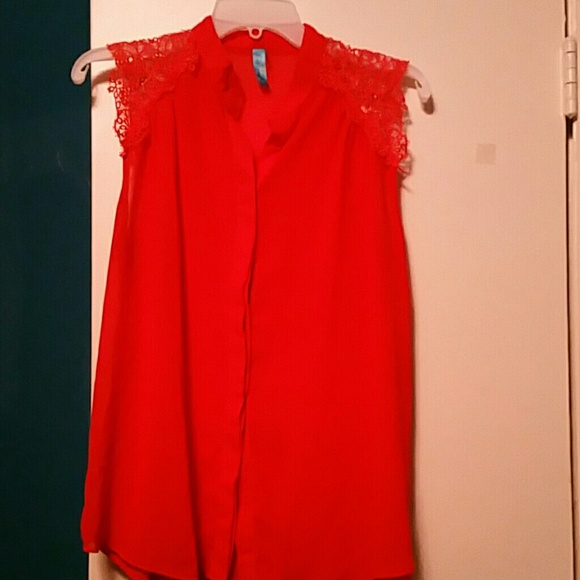 Orange blouse, lace shoulder detail