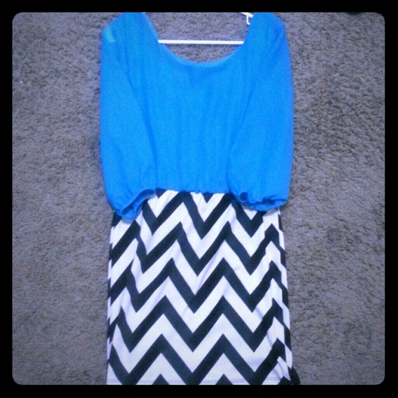 Blue with Cream and Black Party Dress