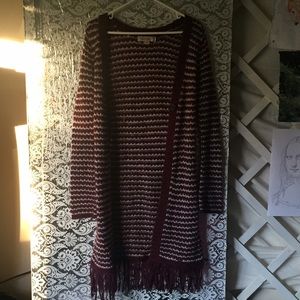 Decree Maroon Striped Cardigan Fringe