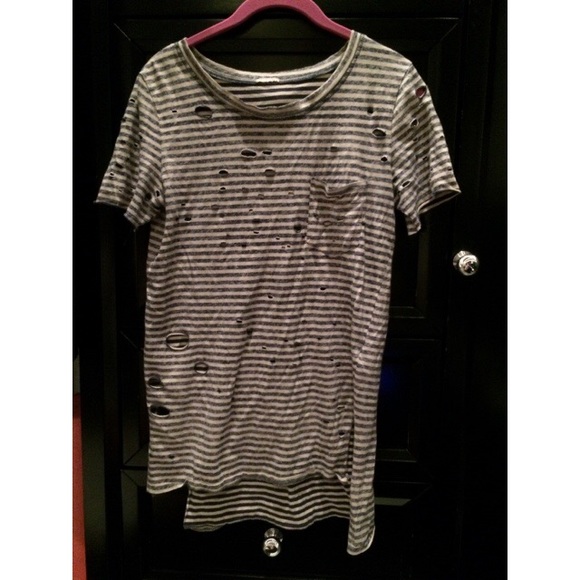 FREE PEOPLE navy and white holes striped top