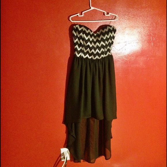 NWOT Black and Gold Strapless Hi-Lo Dress