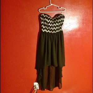 NWOT Black and Gold Strapless Hi-Lo Dress