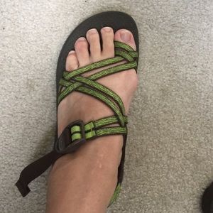 Custom brown with green multi strap Chacos.