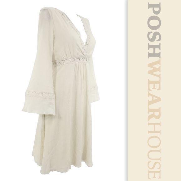 Oatmeal Boho Lace Trim Dress w/ Bell Sleeves - Picture 2 of 4