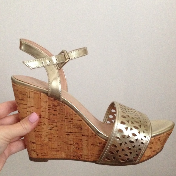 Gold BCBGeneration Ankle Strap Wedges