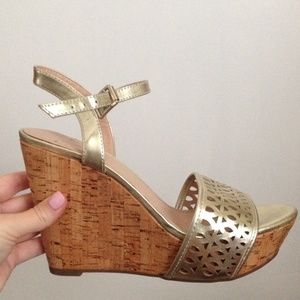 Gold BCBGeneration Ankle Strap Wedges
