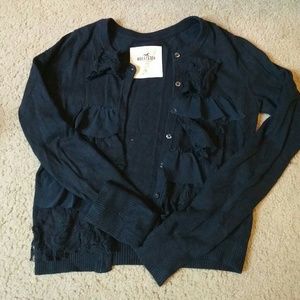 Navy Blue Cardigan w. Lace ruffles