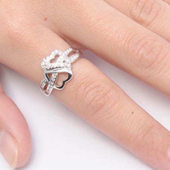 Double Hearts Sterling Silver Ring with CZ - Picture 2 of 2