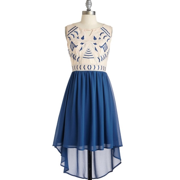 Cream and blue high low dress