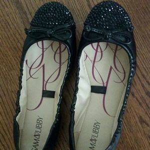 Black flats with rhinestone toes