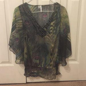 Green peacock peasant top with v neck