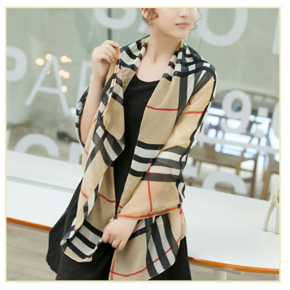 Accessories - Beige Plaids Pattern Chiffon Soft Women's Scarf