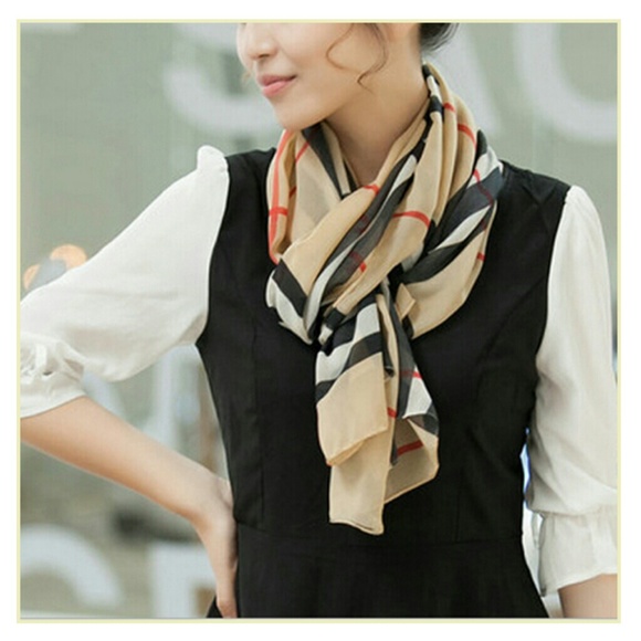 Beige Plaids Pattern Chiffon Soft Women's Scarf - Picture 2 of 2