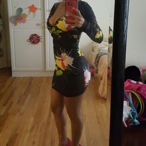 V Neck Long Sleeve Printed Black Bodycon Dress