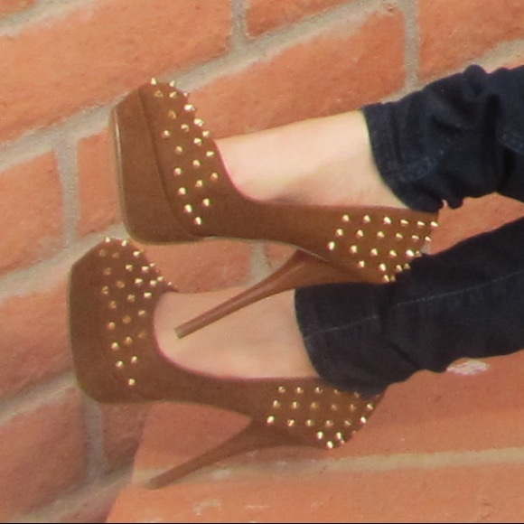 Camel platform heels with gold spikes