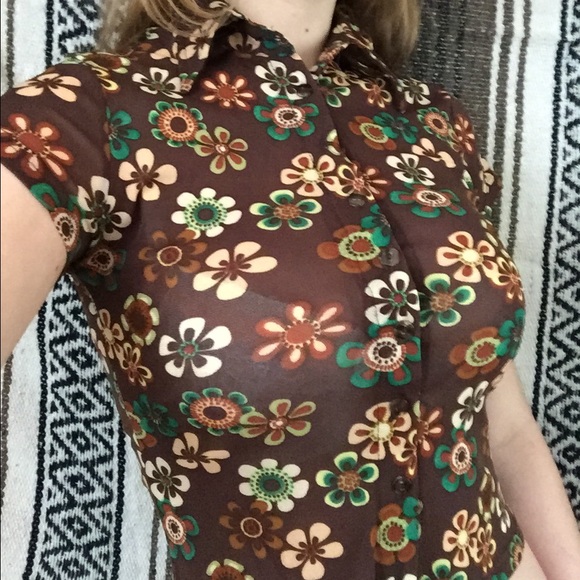 short sleeve psychedelic flower mesh button up top