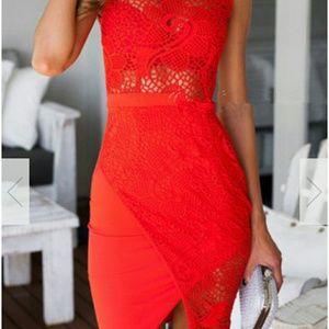 Asymmetrical Red Orange Crochet Dress