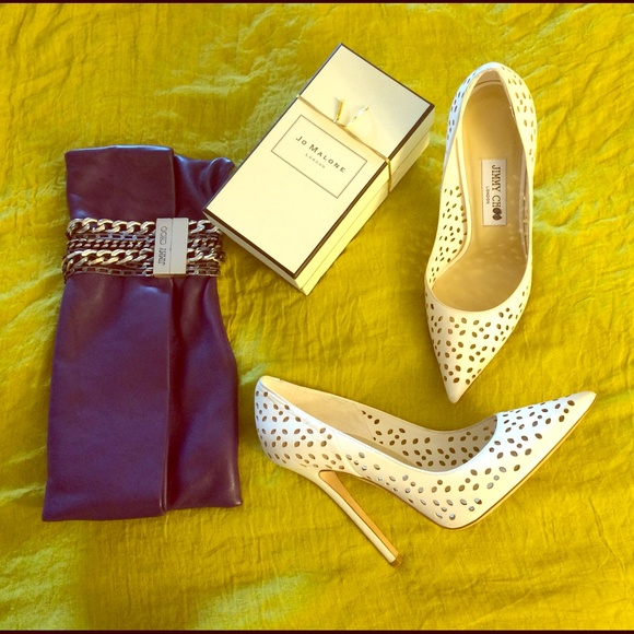 Jimmy Choo laser cut white pumps